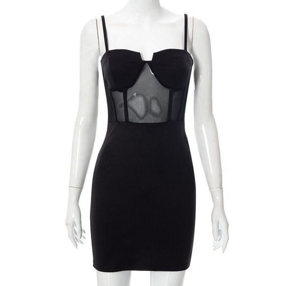 Sleeveless Sexy Mini Long Black Dress with Tulle Detail at Waist, Sexy Mini Blac - Picture 2 of 6